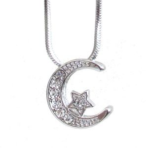 White gold Plated Crystal Star Resting on the Moon Necklace